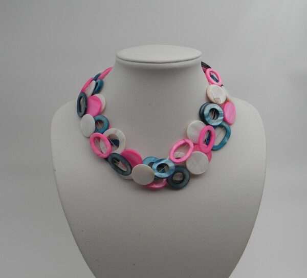 Collier, Perlmutt, 3-reihig, pink, weiß, blau, Magnetschließe