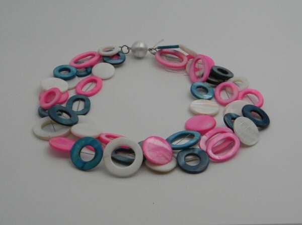 Collier, Perlmutt, 3-reihig, pink, weiß, blau, Magnetschließe