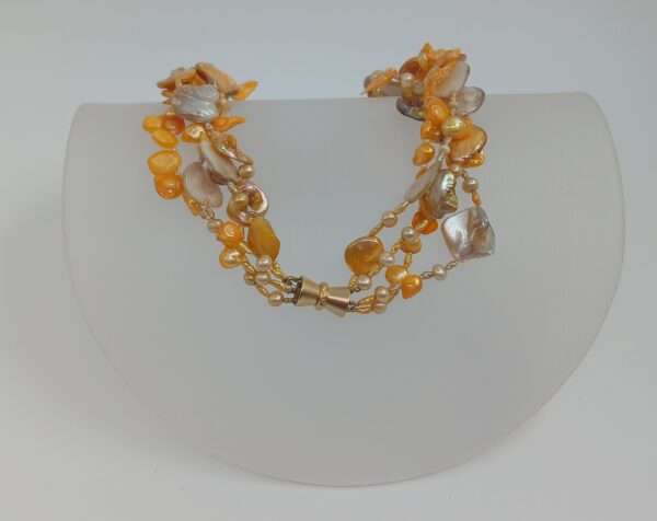 Collier 4-reihig, Perlmutt, Süßwasserperlen, gelb, natur
