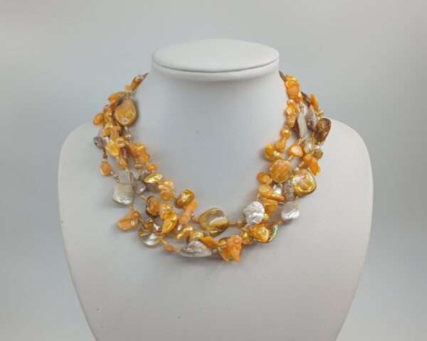 Collier 4-reihig, Perlmutt, Süßwasserperlen, gelb, natur